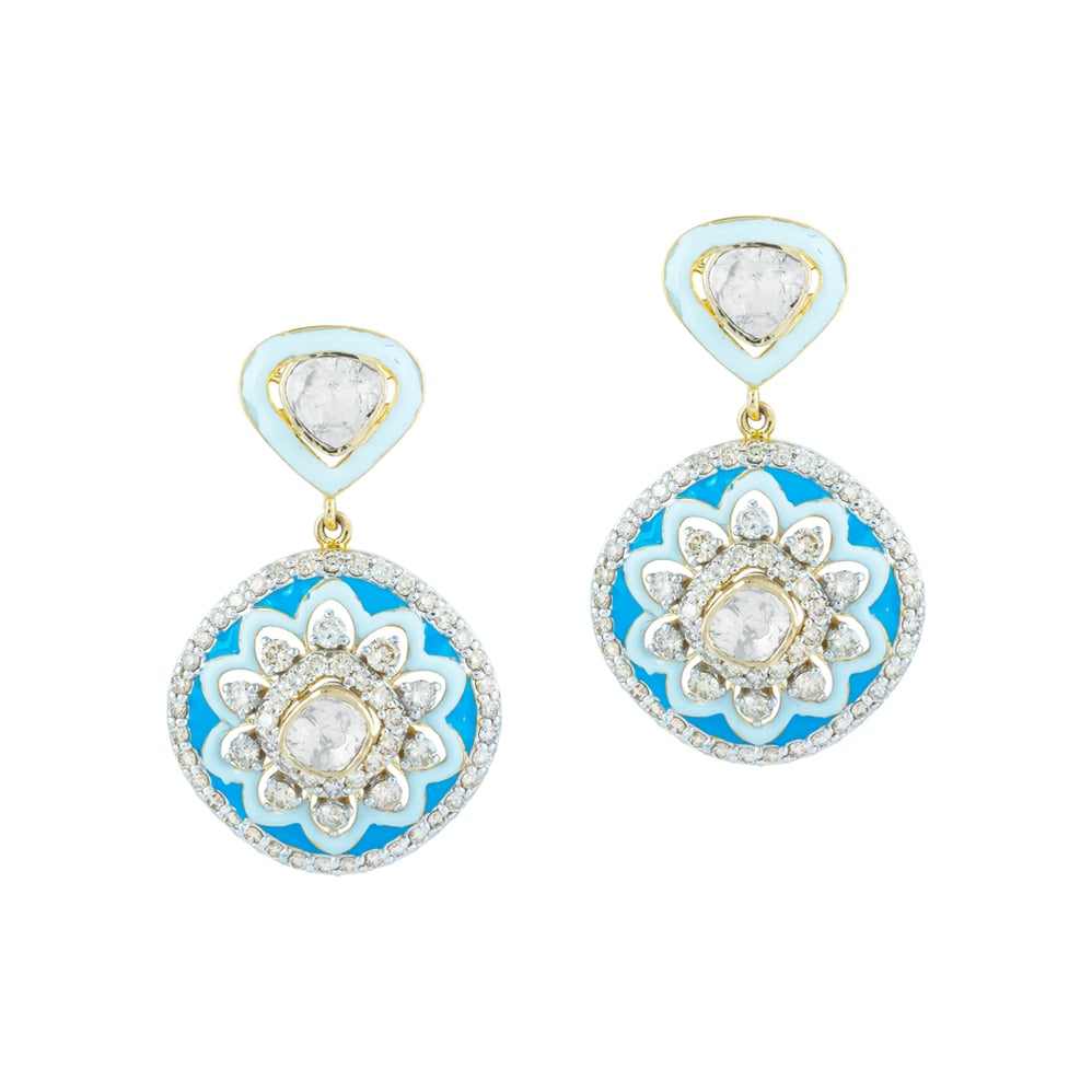 Blue Enamel Flower Polki Earrings with Diamond Halos